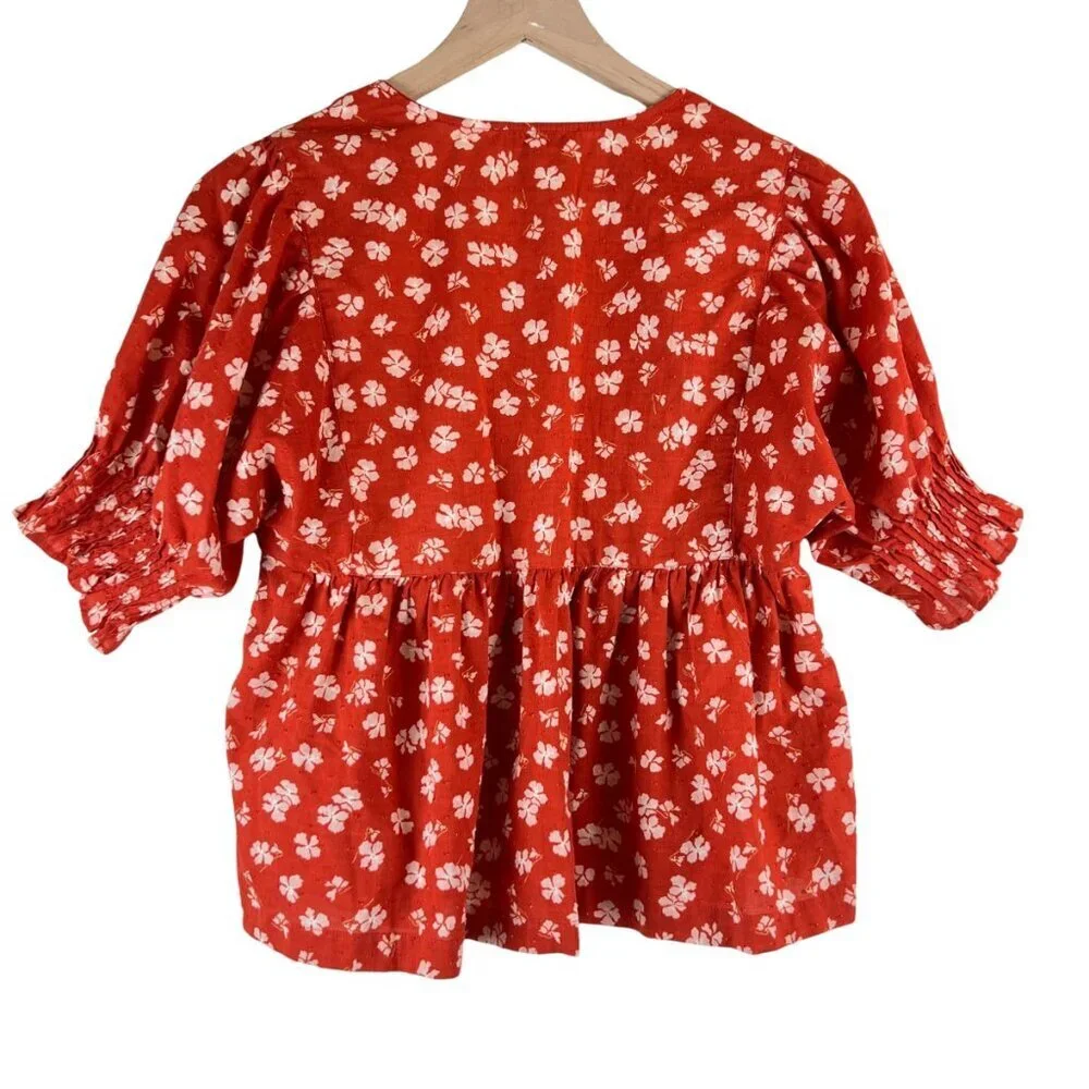 Madewell Happy Hibiscus Swiss Dot Puff Sleeve Button Front Top